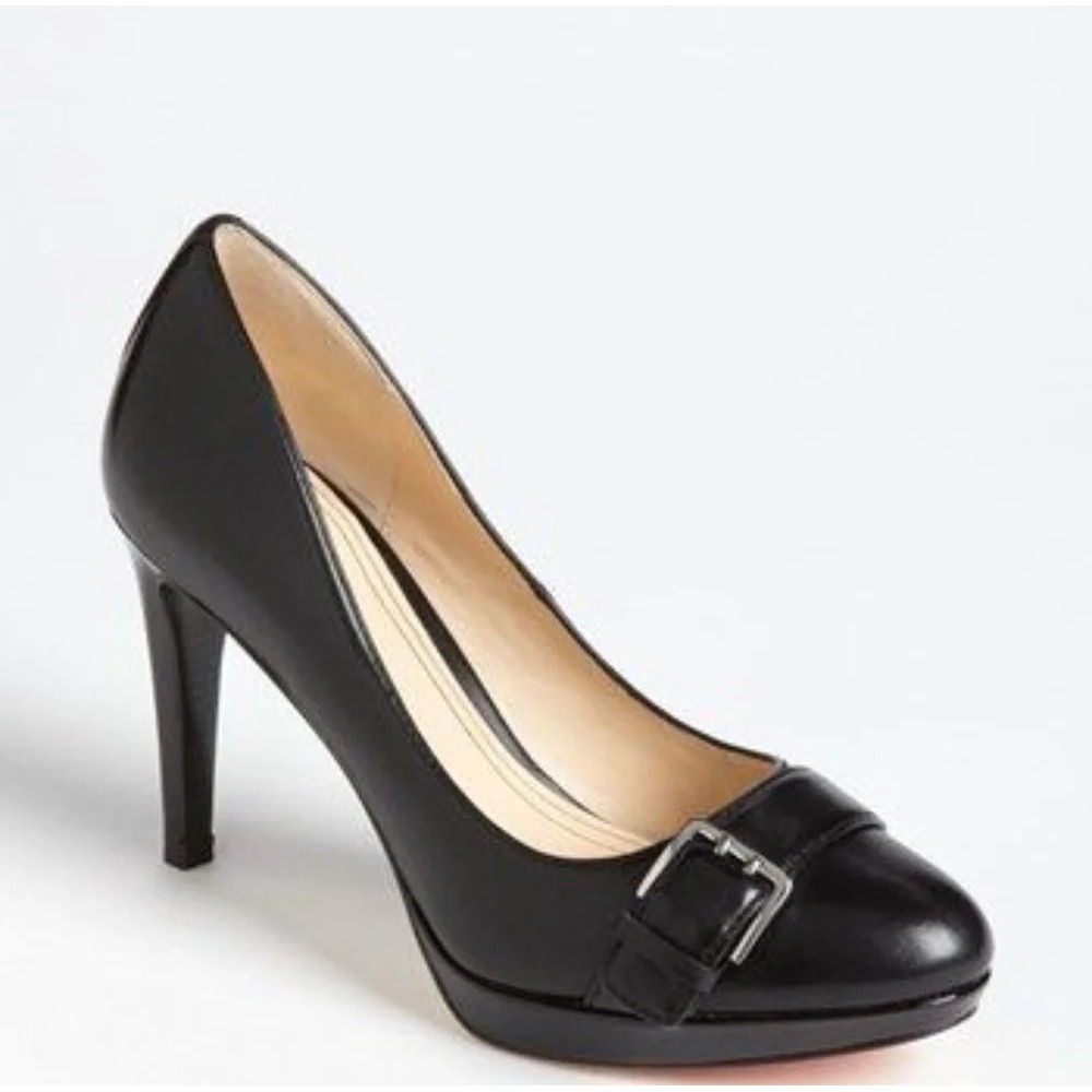 Cole Haan women 9.5B black Chelsea buckle pump Almond toe stiletto platform chic